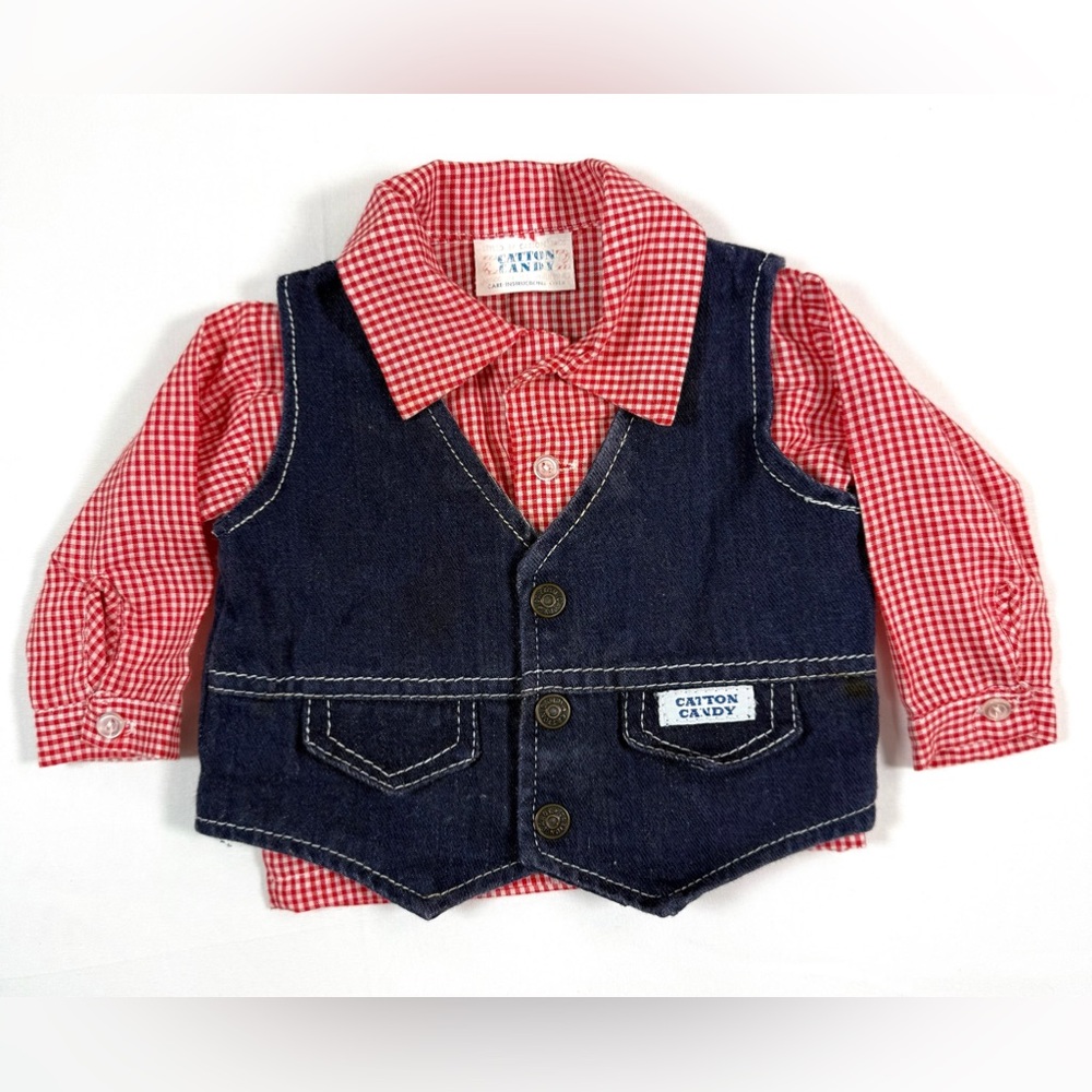 VINTAGE CATTON CANDY Baby Denim Vest‎ Gingham Shirt Set Size Infant Americana